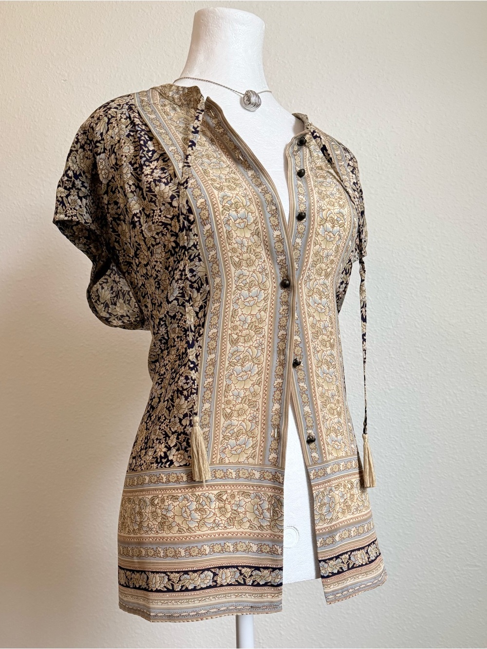 Lucky Brand Silk Button Up Scarf Print Blouse Boho Chic Euro Summer